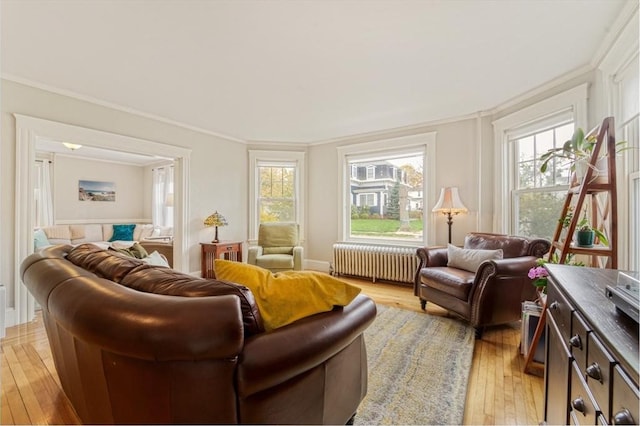 living area featuring light wood-type flooring, crown molding, and radiator heating unit