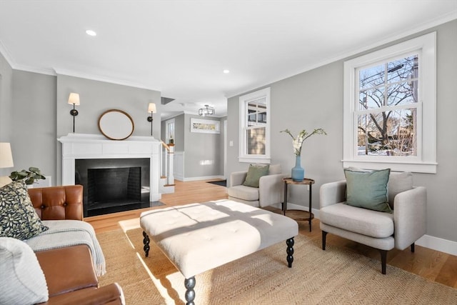 living room featuring ornamental molding and light hardwood / wood-style flooring