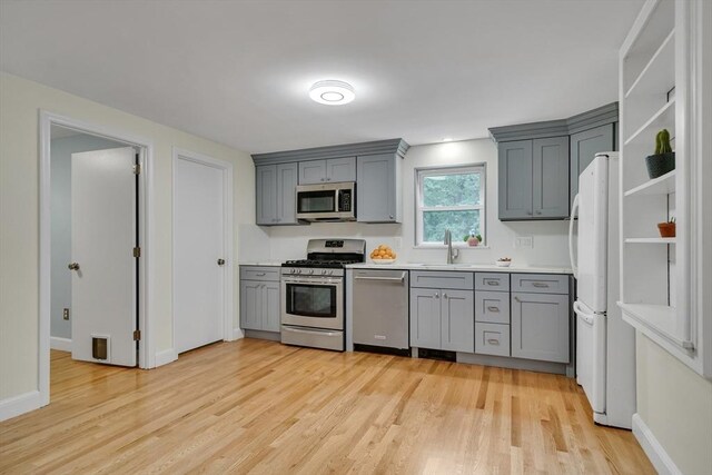 10-12 Spring Rd, Arlington, MA 02476 - kitchen featuring stainless steel appliances, gray cabinets, light wood finished floors, and light countertops