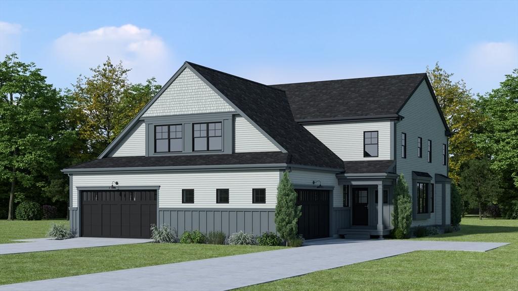 view of front facade featuring board and batten siding, concrete driveway, and a front lawn