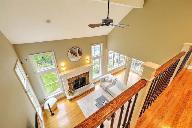 19 Mulberry Ln, Franklin, MA 02038 - living room featuring high vaulted ceiling, plenty of natural light, light wood-type flooring, a fireplace with raised hearth, and ceiling fan
