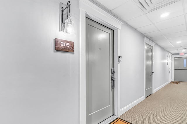 hallway featuring a drop ceiling and carpet