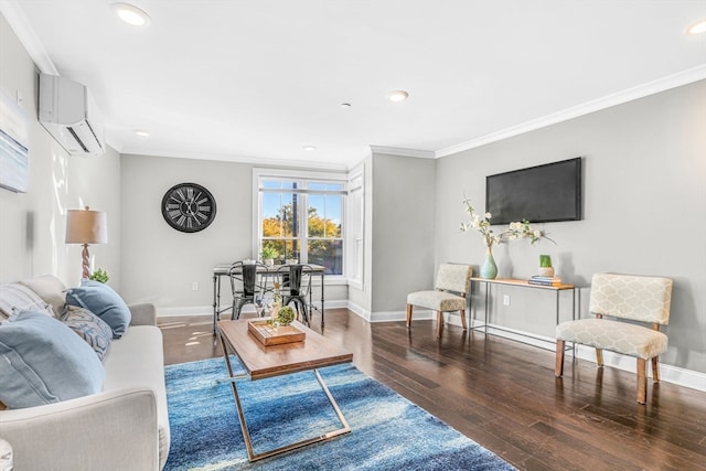 living room featuring a wall mounted air conditioner, ornamental molding, and dark wood-type flooring