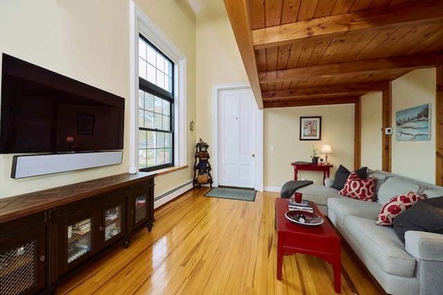 living room with light hardwood / wood-style floors, plenty of natural light, a baseboard radiator, and wood ceiling