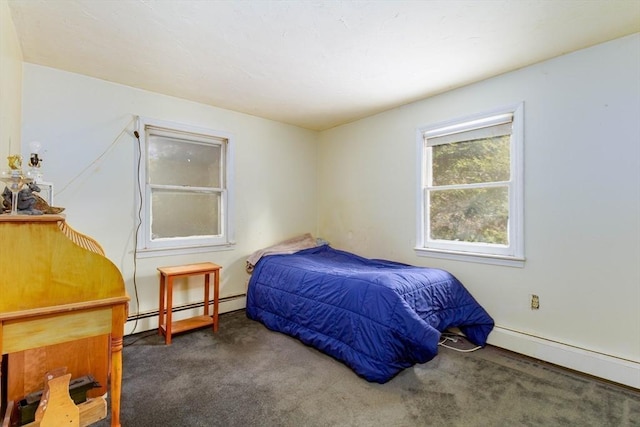 carpeted bedroom with baseboard heating