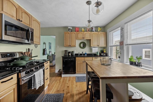 63-65 Brookley Rd Unit 3, Boston, MA 02130 - kitchen featuring stainless steel appliances, wooden counters, light wood finished floors, light brown cabinets, and decorative light fixtures