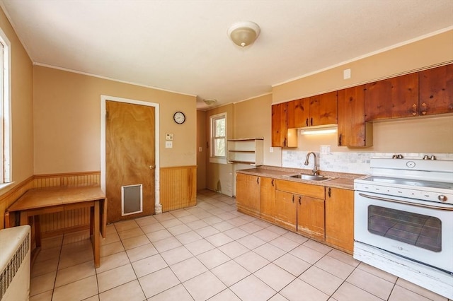 164 Leonard St, Agawam, MA 01001 - kitchen with electric stove, a sink, radiator heating unit, a wainscoted wall, and brown cabinets
