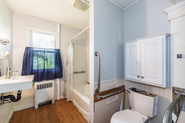 164 Leonard St, Agawam, MA 01001 - full bathroom featuring radiator, toilet, wood finished floors, shower / tub combo, and crown molding