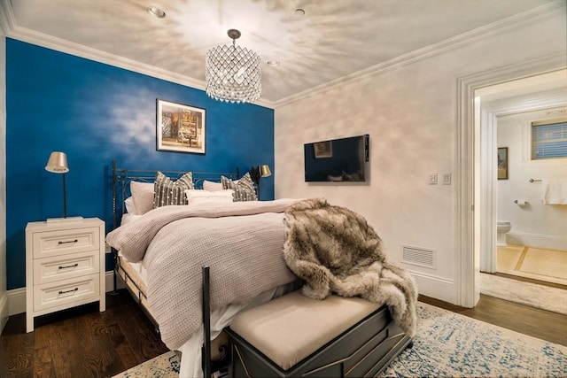 bedroom with visible vents, crown molding, baseboards, a chandelier, and dark wood-style flooring