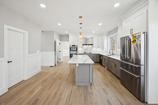 1 Falcon Dr, Shrewsbury, MA 01545 - kitchen featuring appliances with stainless steel finishes, wall chimney range hood, a kitchen island, wainscoting, and white cabinets