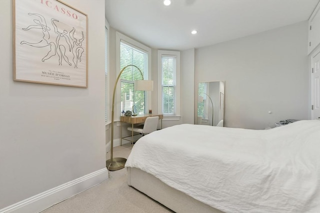 bedroom with baseboards, carpet flooring, and recessed lighting