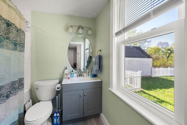 bathroom with plenty of natural light, toilet, and vanity
