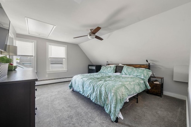 bedroom featuring carpet, baseboard heating, attic access, and vaulted ceiling