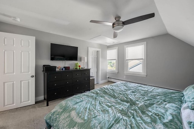 bedroom with ceiling fan, carpet floors, baseboards, lofted ceiling, and a baseboard radiator