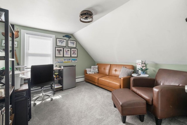 interior space with vaulted ceiling and a baseboard heating unit