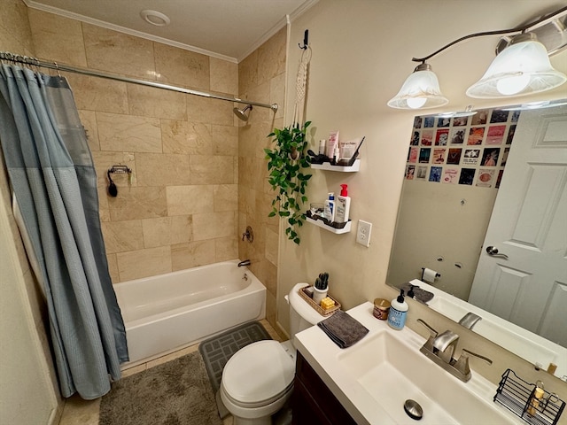 full bathroom with tile patterned flooring, crown molding, toilet, shower / bath combo with shower curtain, and vanity