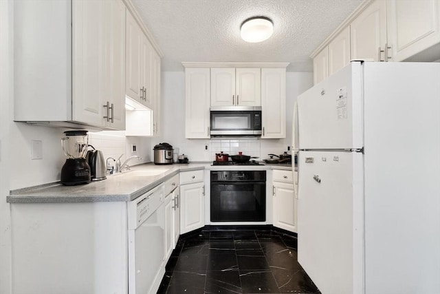 44 Washington St Unit 917, Brookline, MA 02445 - kitchen with black appliances, tasteful backsplash, white cabinetry, dark marble finish flooring, and a textured ceiling