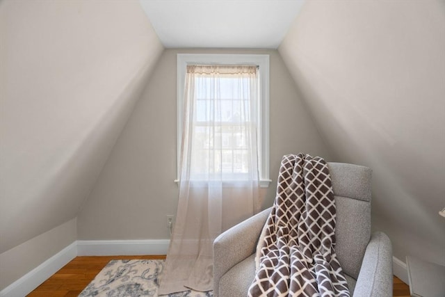 interior space with baseboards, vaulted ceiling, and wood finished floors