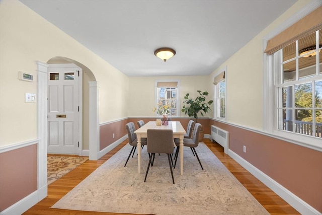 dining room with arched walkways, baseboards, wood finished floors, and radiator