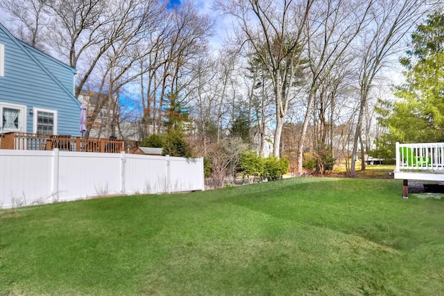 view of yard with fence and a wooden deck