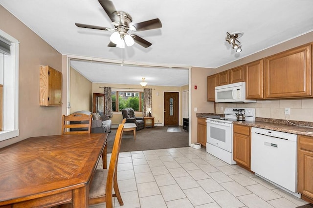 5 Dirlam Cir, Tewksbury, MA 01876 - kitchen featuring white appliances, ceiling fan, dark countertops, backsplash, and open floor plan