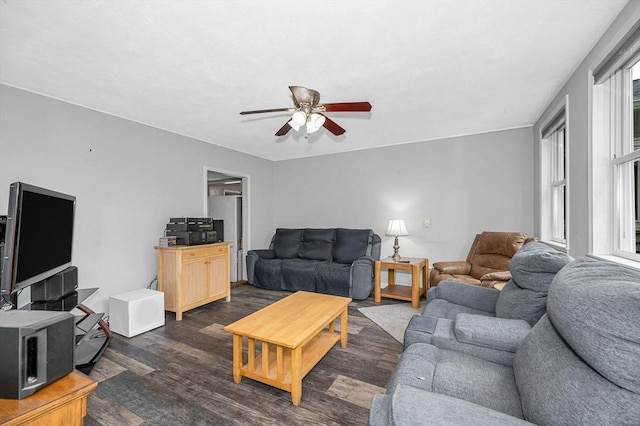 5 Dirlam Cir, Tewksbury, MA 01876 - living room featuring ceiling fan and dark wood-style floors