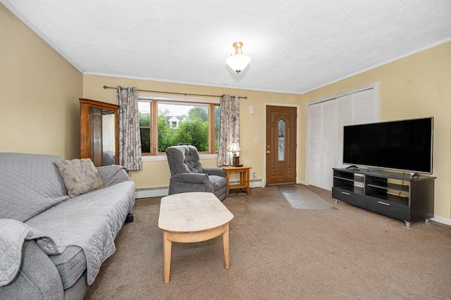 5 Dirlam Cir, Tewksbury, MA 01876 - carpeted living room with a baseboard heating unit, ornamental molding, and baseboards