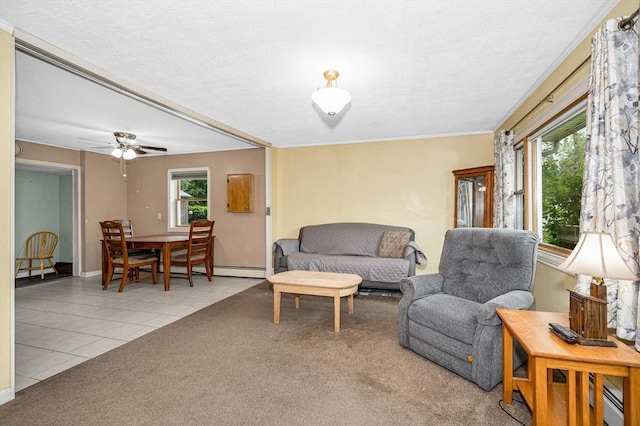 5 Dirlam Cir, Tewksbury, MA 01876 - living area featuring tile patterned floors, carpet flooring, ceiling fan, baseboards, and a baseboard heating unit
