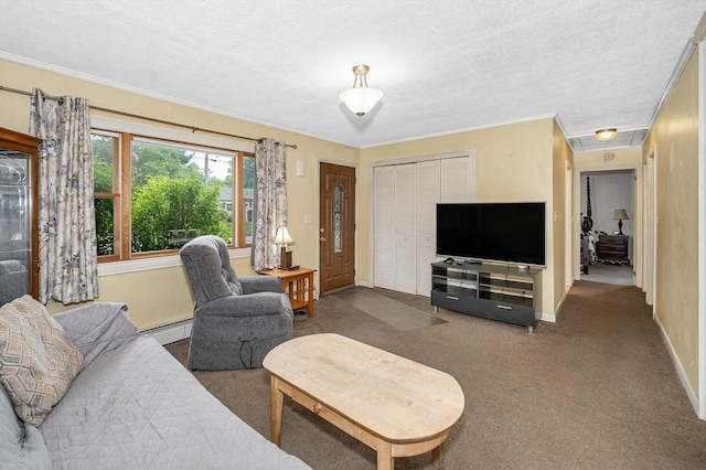5 Dirlam Cir, Tewksbury, MA 01876 - carpeted living area with baseboard heating, ornamental molding, baseboards, and a textured ceiling