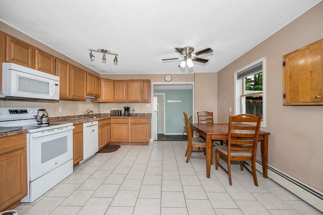 5 Dirlam Cir, Tewksbury, MA 01876 - kitchen featuring white appliances, a baseboard radiator, ceiling fan, and baseboards