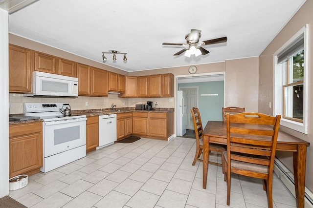 5 Dirlam Cir, Tewksbury, MA 01876 - kitchen with white appliances, a ceiling fan, a baseboard heating unit, light tile patterned floors, and tasteful backsplash