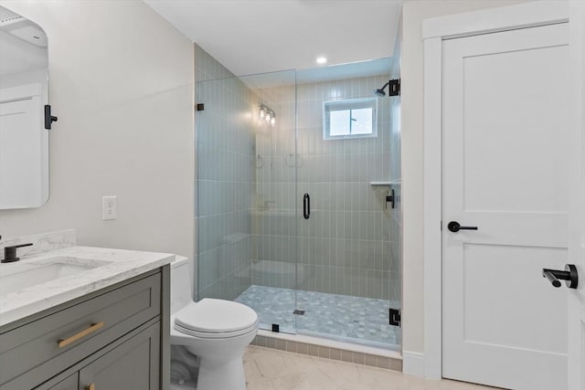 30 Cable Ave Unit B, Salisbury, MA 01952 - full bathroom featuring vanity, a shower stall, marble look tile flooring, and recessed lighting