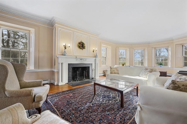 living area featuring baseboard heating, healthy amount of natural light, a fireplace, ornamental molding, and light wood finished floors