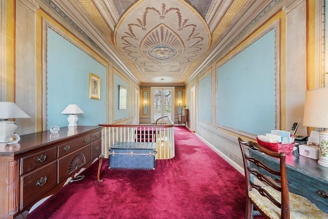 bedroom featuring ornamental molding and carpet flooring