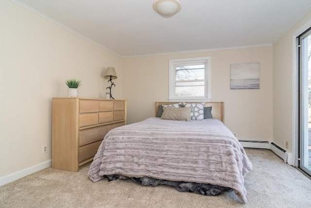 bedroom with light colored carpet, a baseboard radiator, baseboards, and ornamental molding