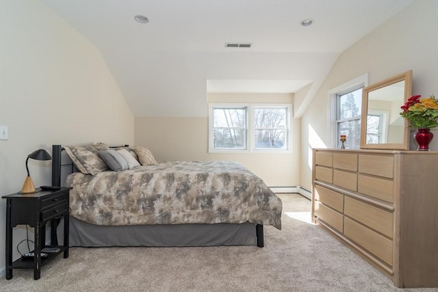 bedroom with recessed lighting, visible vents, light carpet, and lofted ceiling