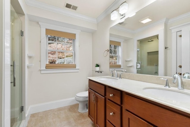 bathroom with a sink, visible vents, a stall shower, and ornamental molding