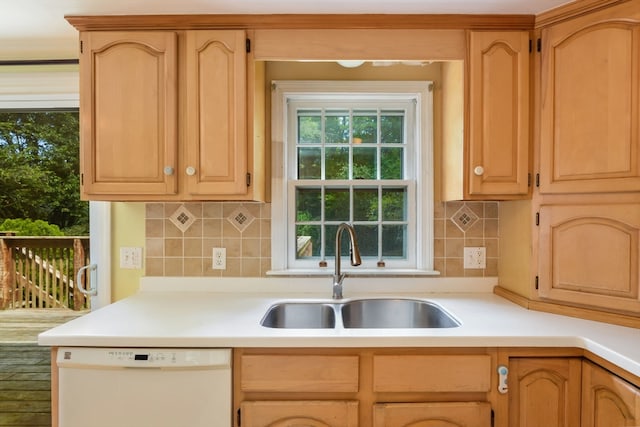 kitchen with white dishwasher, decorative backsplash, and sink