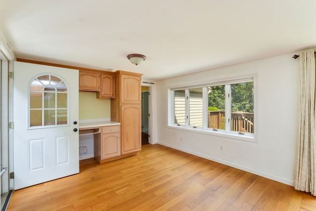 kitchen with crown molding and light hardwood / wood-style flooring