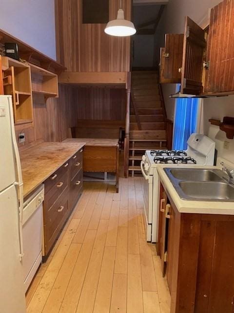 165 Main St, Charlemont, MA 01339 - kitchen featuring white appliances, open shelves, light wood finished floors, a sink, and light countertops