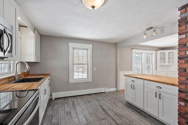 kitchen with a baseboard radiator, appliances with stainless steel finishes, white cabinetry, a sink, and butcher block countertops