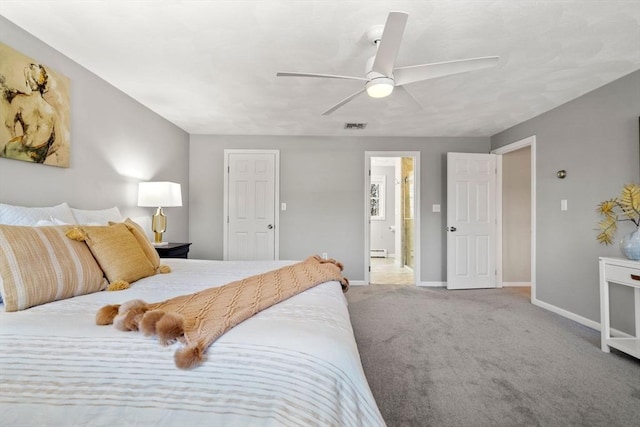 bedroom with a ceiling fan, carpet, visible vents, and baseboards