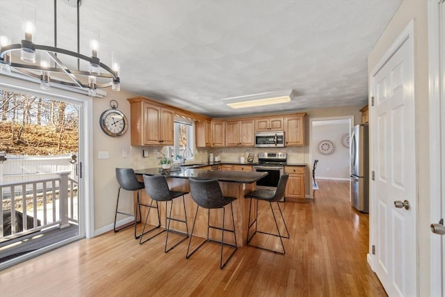 kitchen featuring a peninsula, light wood-style floors, stainless steel appliances, and decorative backsplash