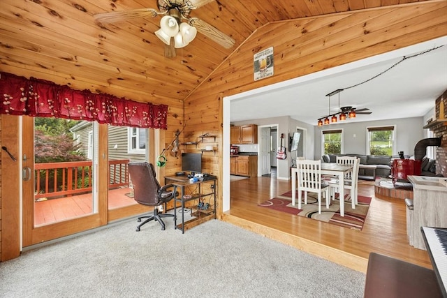 25 Piasta Rd, Dudley, MA 01571 - office with a ceiling fan, lofted ceiling, wood walls, wood ceiling, and carpet