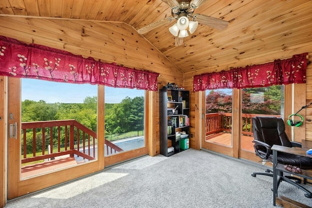 25 Piasta Rd, Dudley, MA 01571 - office space featuring vaulted ceiling, wooden ceiling, carpet floors, a ceiling fan, and wooden walls