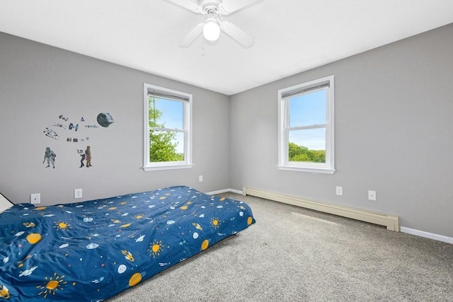 25 Piasta Rd, Dudley, MA 01571 - bedroom featuring a baseboard heating unit, carpet floors, baseboards, and ceiling fan