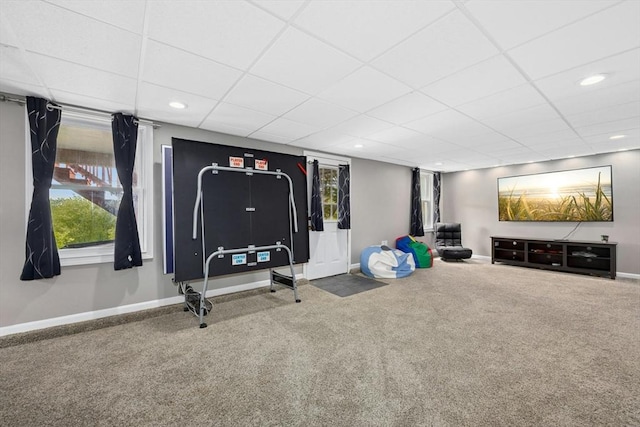25 Piasta Rd, Dudley, MA 01571 - workout area featuring carpet flooring, a drop ceiling, baseboards, and recessed lighting
