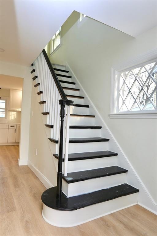 stairway with wood-type flooring