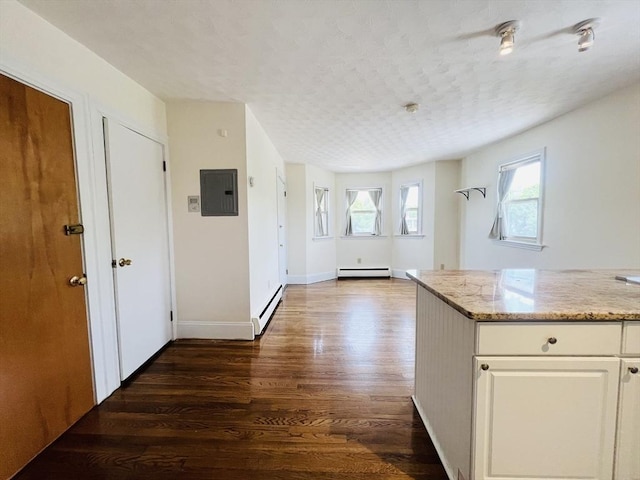 189 Concord Ave Unit 3, Cambridge, MA 02138 - kitchen with a baseboard heating unit, dark wood-style flooring, a baseboard radiator, electric panel, and light stone counters