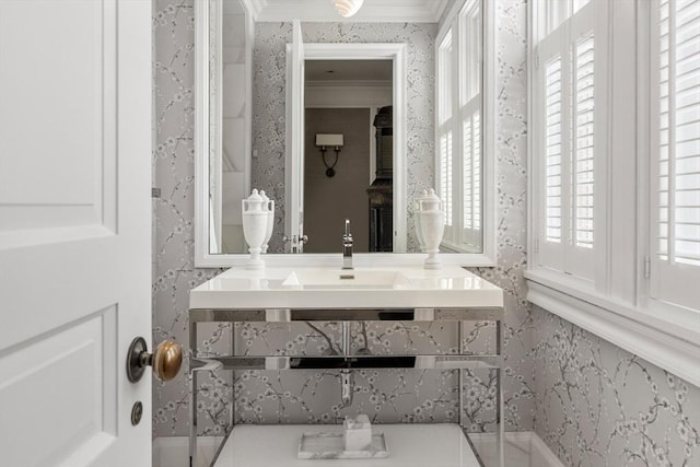 1014 Boylston St, Brookline, MA 02467 - bathroom with wallpapered walls, ornamental molding, and vanity